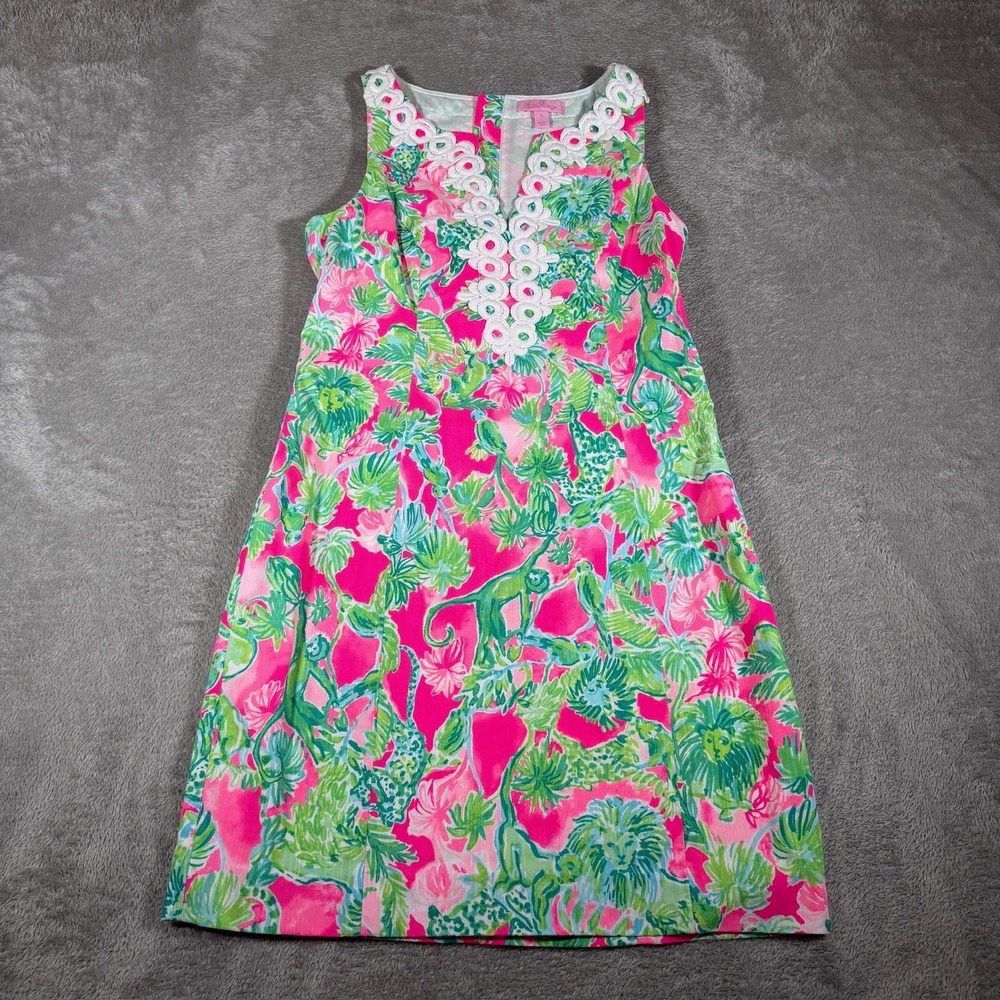 Lilly Pulitzer Dress Womens 0 Pink Gabby Shift Monkey Lion Lace Trim Sleeveless